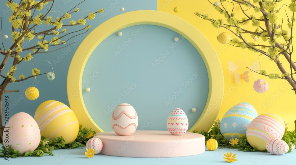 Set of 3D happy easter day background. Platforms mockup product display. Abstract composition minimal design. Stage showcase. - obrazy, fototapety, plakaty 