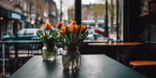Tulips in a vase on a table in a cafe. Springtime in Amsterdam, Netherlands. Spring flowers in interior #728951501