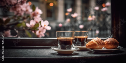 Coffee and croissants on table windowsill in cafe in spring morning. Two cup of coffee and croissants. Spring Coffee