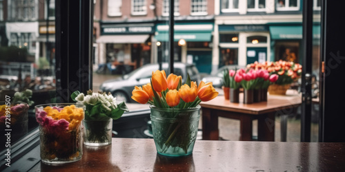 Bouquets of colorful tulips in vases on a table in cafe against the background of window. Springtime in Amsterdam, Netherlands. Tulpen dag. Spring Flowers in interior photo