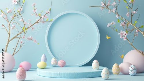 Set of 3D happy easter day background. Platforms mockup product display. Abstract composition minimal design. Stage showcase.