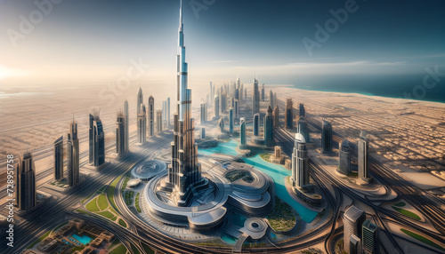 Burj Khalifa towering over the cityscape of Dubai, showcasing the iconic skyscraper against the backdrop of the city's modern buildings, roads, and green spaces, under a clear blue sky photo