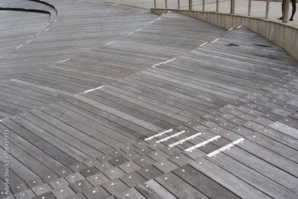 Fototapeta premium Steps on natural bleached wooden pavement.Perspective natural wooden floor. Horizontal shot.Tokyo,Japan