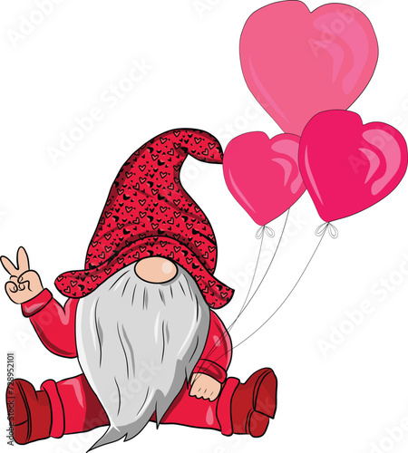 Happy Valentine's Day Gnome holding balloon with peace hand. Vector illustration