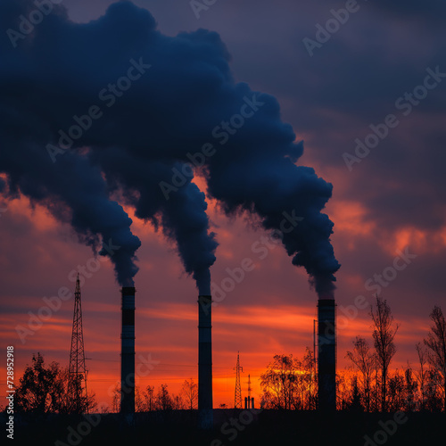 coal power plant high pipes with black smoke moving up polluting atmosphere at sunset . generative AI