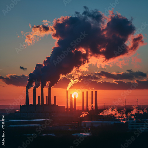 coal power plant high pipes with black smoke moving up polluting atmosphere at sunset . generative AI