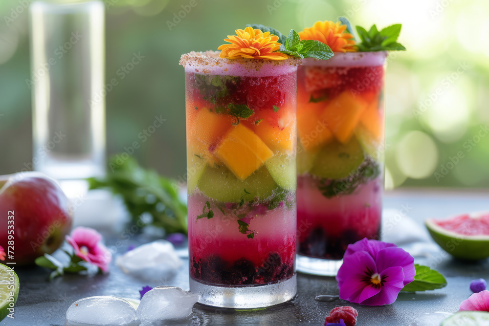 Refreshing summer mocktail, vibrant colours layered with fresh fruits and herbs, garnished with an edible flower. Refreshing summer mocktail, vibrant colours layered with fresh fruits and herbs, garnished with an edible flower.