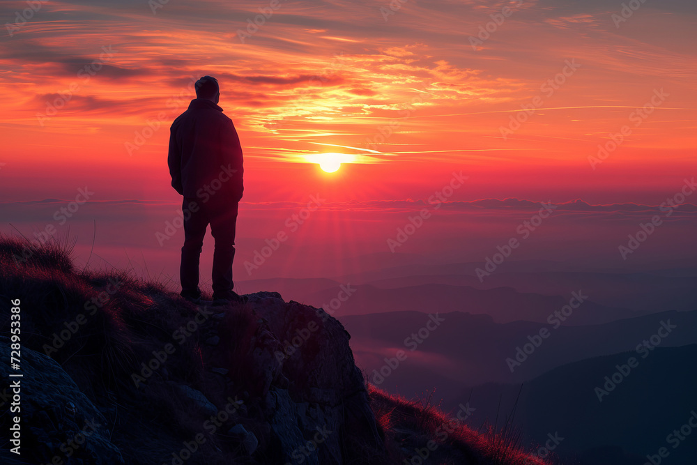 A lone entrepreneur gazing at a sunrise, deep in thought, formulating a strategy to disrupt the market.