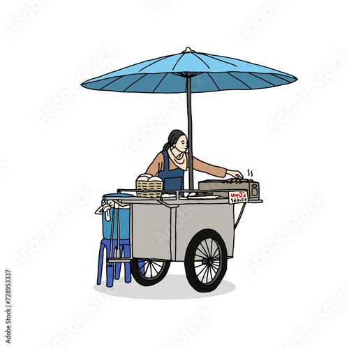 Woman selling food, Thai street food vendor. Hand drawn style vector illustration.