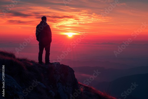 A lone entrepreneur gazing at a sunrise, deep in thought, formulating a strategy to disrupt the market.
