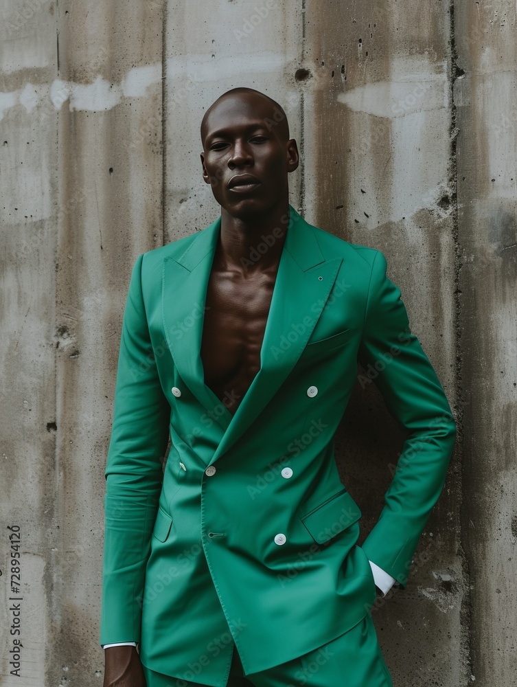 African American in a green suit leaning against a fence