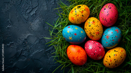 Easter greeting, with a top view of colorful eggs on grass