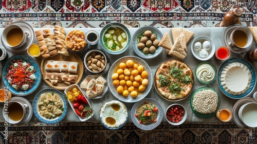 Surrounding the central plate are various other dishes including flatbreads and bowls filled with different types of foods like hummus and falafel