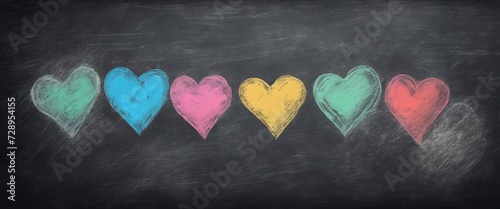 Six colorful hearts drawn with chalk on a blackboard.  photo