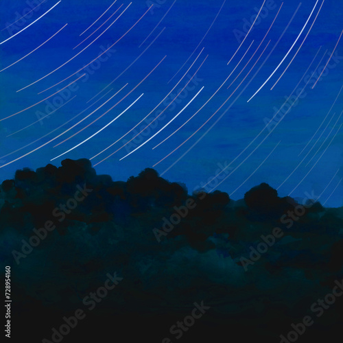 Fototapeta Naklejka Na Ścianę i Meble -  弧を描く星の軌跡（スタートレイル）の水彩イラスト