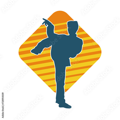 Silhouette of a man in oriental martial art pose. Silhouette of a male in martial art move.