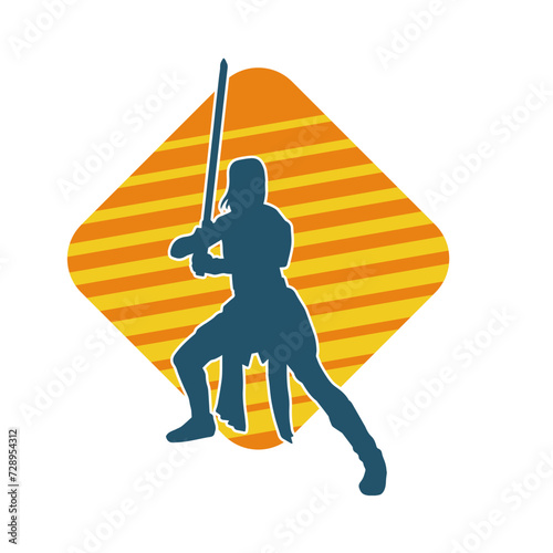 Silhouette of a female fighter in action pose carrying sword weapon.