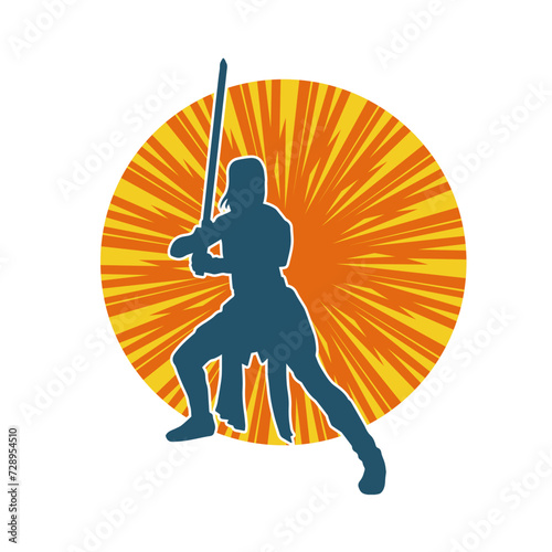 Silhouette of a female fighter in action pose carrying sword weapon.