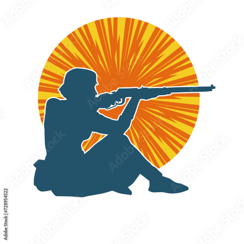 Silhouette of a female fighter firing with long barrel rifle shotgun weapon.