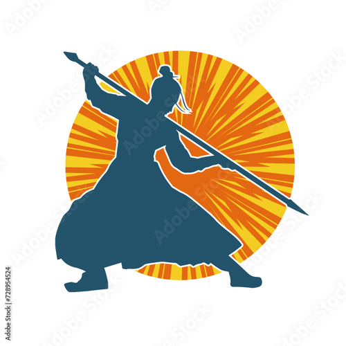 Silhouette of a wushu martial artist in action pose with a spear weapon. Silhouette of a fighter carrying a spear weapon.