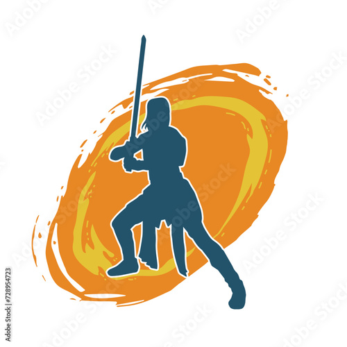 Silhouette of a female fighter in action pose carrying sword weapon.