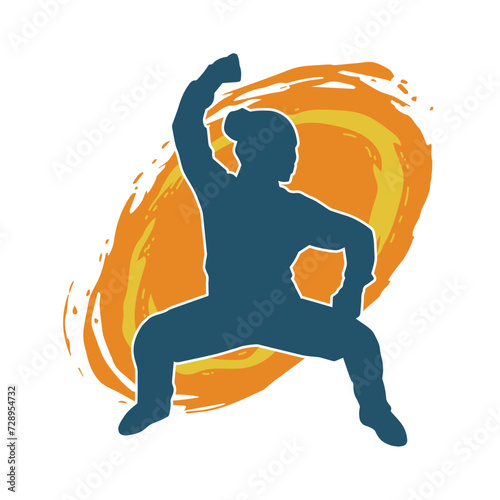 Silhouette of a slim female doing martial art pose. Silhouette of a martial art woman in action pose.