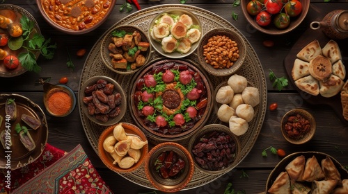 displays a lavish spread of Middle Eastern cuisine arranged on a dark wooden table © Suhardi