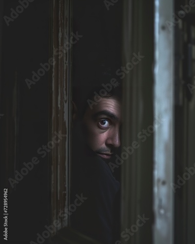 A scared man hides from the intruder silently behind the door. Man fearing being discovered by the intruder in a moment of insecurity and fear.