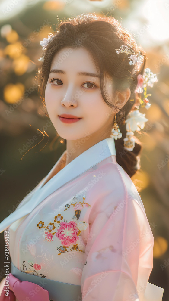 Close-up of beautiful Korean woman wearing Korean traditional dress ...