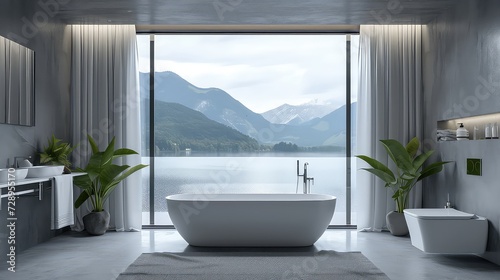 A bathroom With A Large Window And Bathtub  Generative AI