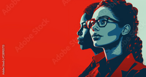 Bold and Empowered: Dual Profile of Women in Striking Red and Blue Contrast - A Celebration of Strength and Intelligence. AI Generative photo