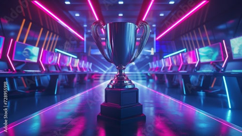 The e-sports winner trophy standing on the stage in the middle of the arena with neon lights background. © Pro Hi-Res