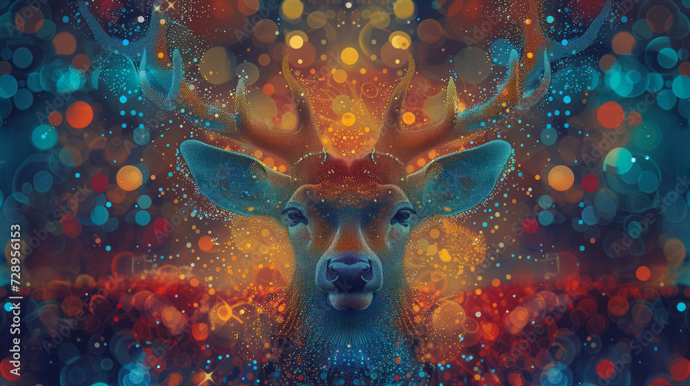 A vibrant, mesmerizing painting of a majestic deer adorned with intricate antlers and dazzling dots, evoking a sense of wonder and awe through its unique blend of art and fractal elements