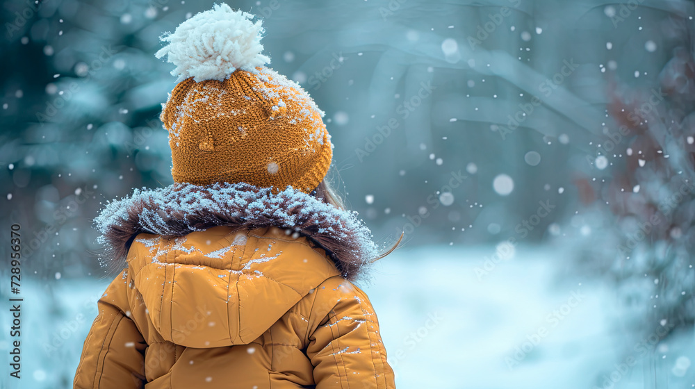A 6 yr old girl from behind using yellow winter clothes on a winter background A 6 yr old girl from behind using yellow winter clothes on a winter background