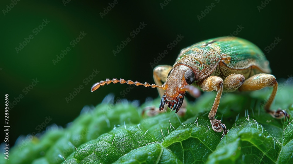 Naklejka premium Macro Photography of Brown Weevil on Green Leaf