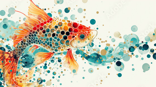Colorful dotted goldfish illustration swimming in an abstract bubble environment