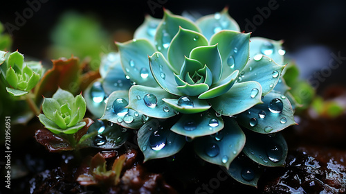 A succulent's fleshy leaves hold tiny droplets, transforming it into a captivating miniature world after rainfall