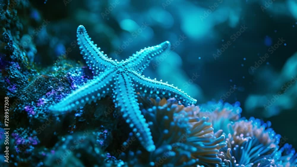 A neon blue starfish clinging to the side of a coral reef its radiant color standing out against the bright sea. A neon blue starfish clinging to the side of a coral reef its radiant color standing out against the bright sea.