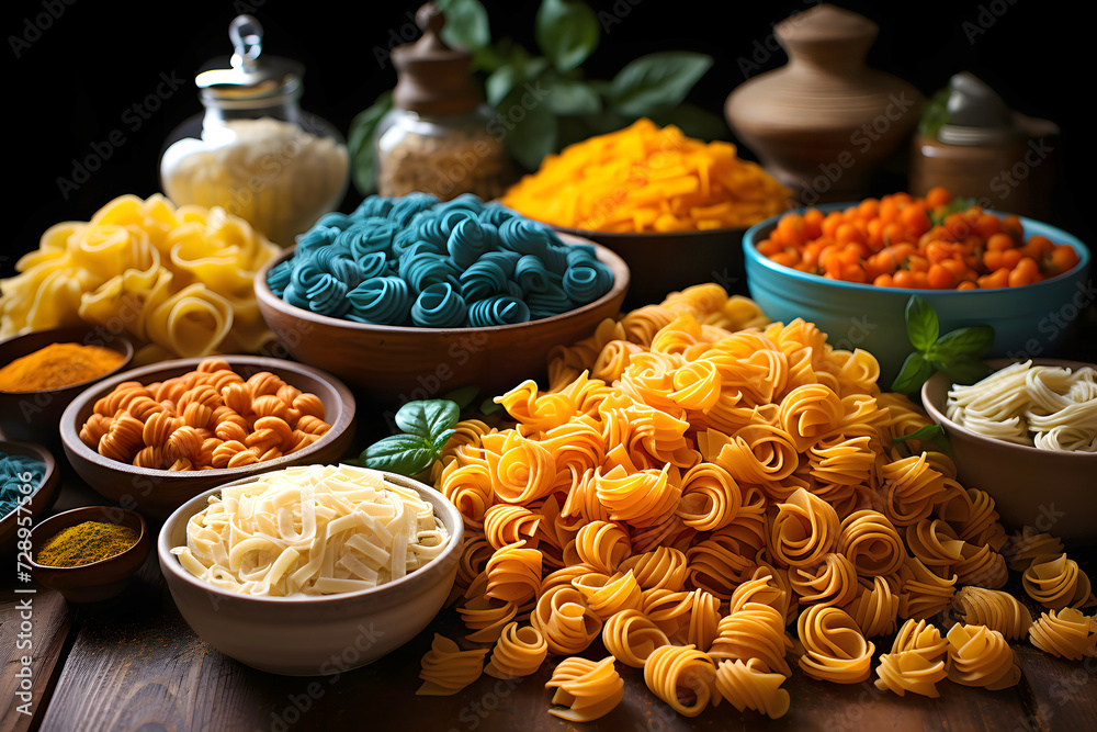 set of various Italian pasta, spaghetti and other products in plates on the table