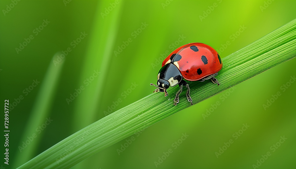 close-up, macro photograph of a vibrant red ladybug with black spots crawling along the ridge of a bright green leaf close-up, macro photograph of a vibrant red ladybug with black spots crawling along the ridge of a bright green leaf