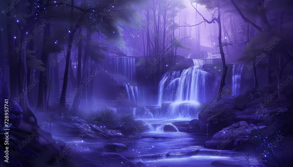 a mystical forest with a vibrant purple hue, featuring glowing waterfalls, sparkling lights, and an overall magical atmosphere