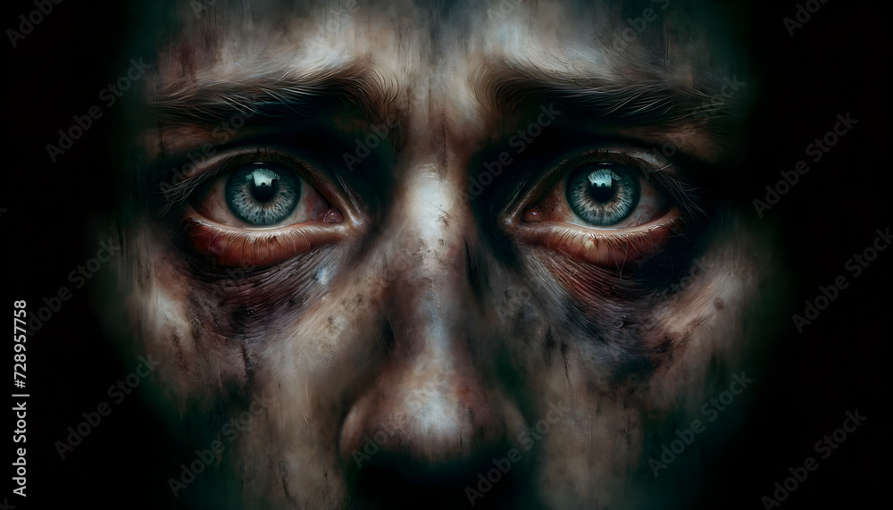 the essence of despairing eyes facing cruelty, conveying deep emotions and a sense of vulnerability. The eyes are the focal point, depicted with such intensity that they seem to tell a story