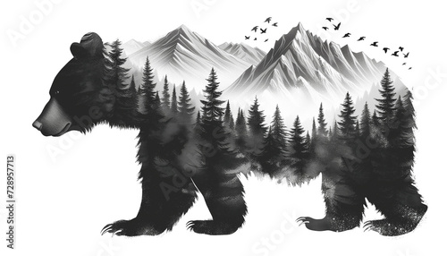 black and white illustration that creatively merges the silhouette of a bear with a forested mountain landscape and a flock of birds in the sky