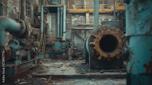 Abandoned industrial factory with rusted equipment and remnants of production
