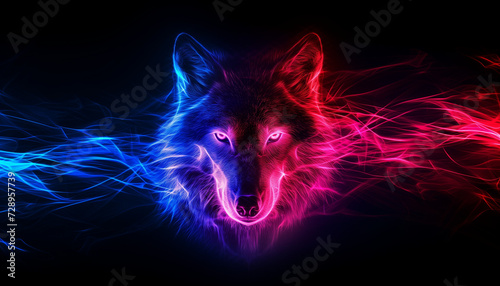 digital artwork wolf with a glowing neon outline in vibrant blue, pink and red hues