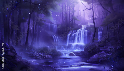 a mystical forest with a vibrant purple hue, featuring glowing waterfalls, sparkling lights, and an overall magical atmosphere © Seasonal Wilderness