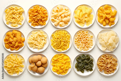 set of different types of italian pasta and spaghetti on white background. top view