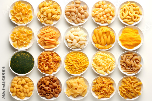 set of different types of italian pasta and spaghetti on white background.  top view © photosaint