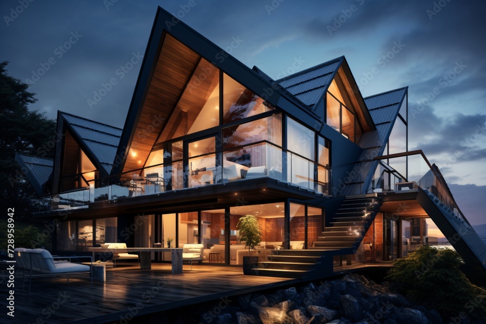 A luxurious property with glass walls and in the shape of a hut A luxurious property with glass walls and in the shape of a hut