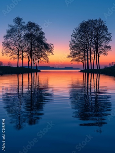Trendy vertical Quiet Background with  peaceful water body at dusk. AI generate © sirichan